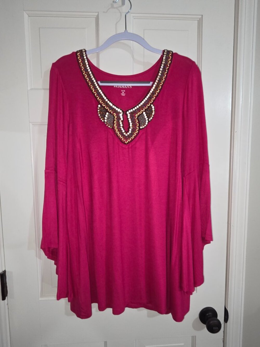 Roaman's Embellished V-neck Tunic with Bell Sleeves Medium 14/16 Sequins